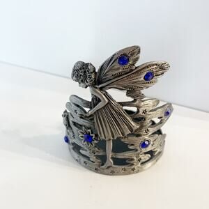 Vintage Pewter Fairy Candle Holder Pillar Taiwan Blue Gems Frog